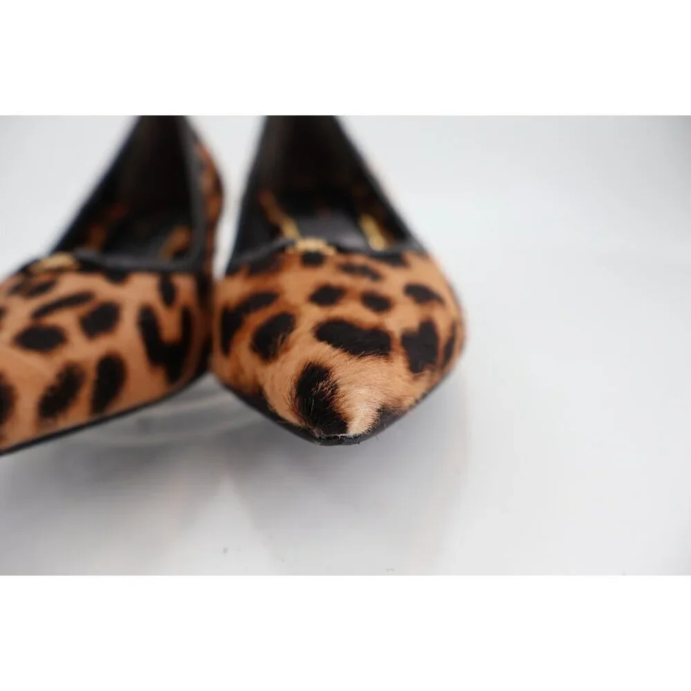 Tory Burch Double T Buckle Leopard Calf Hair Kitten Heel Pumps Size 5.5 Brown